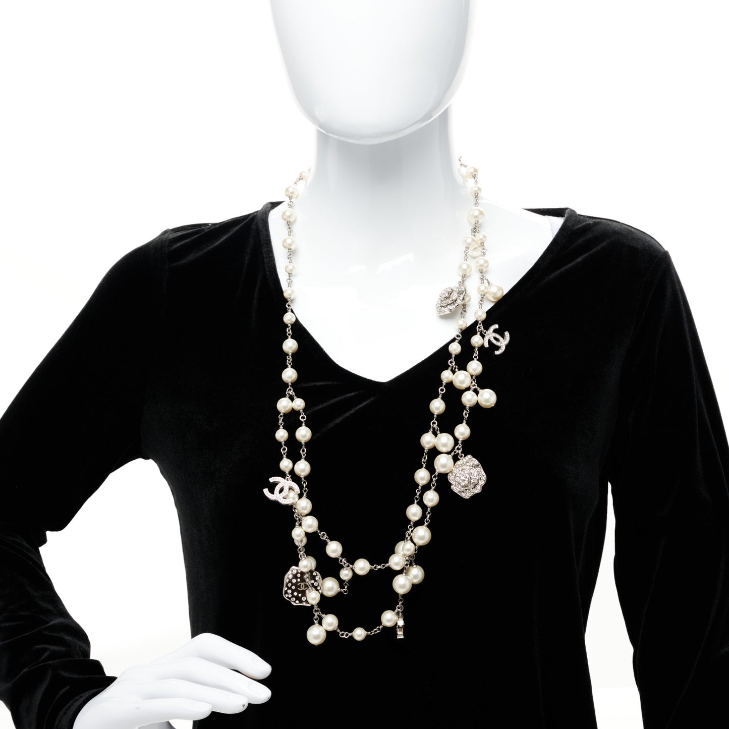 Crystal Pearl CC Camellia Charm Necklace Silver