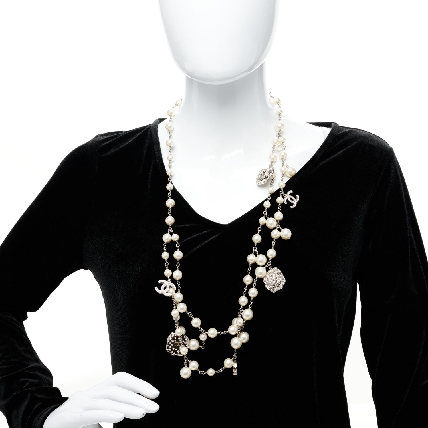 Chanel Crystal Pearl CC Camellia Charm Necklace Silver 2 of 4