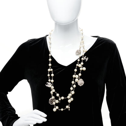 Chanel Crystal Pearl CC Camellia Charm Necklace Silver 2 of 4
