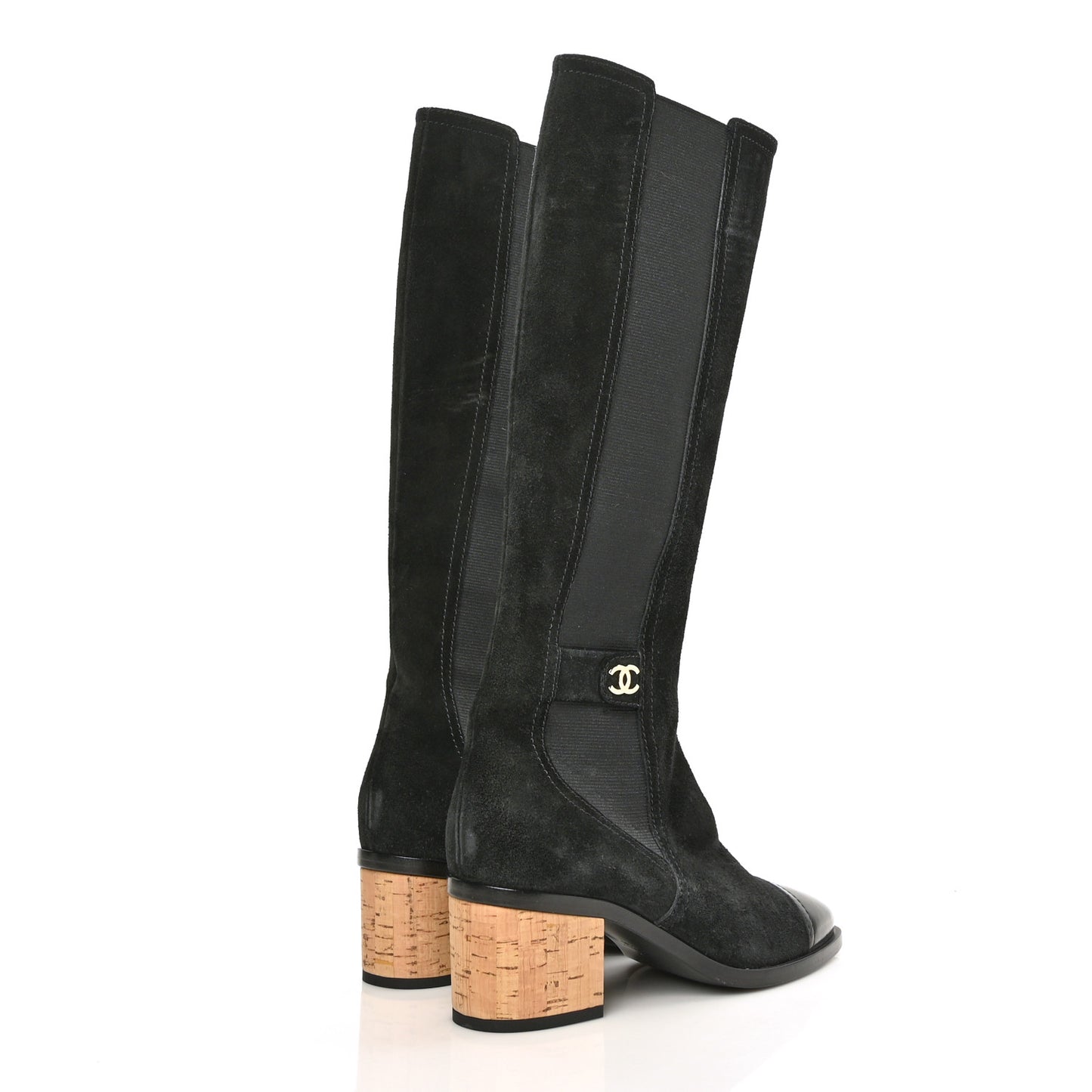 Suede Patent Calfskin CC Cork Cap Toe Tall Boots 38 Black