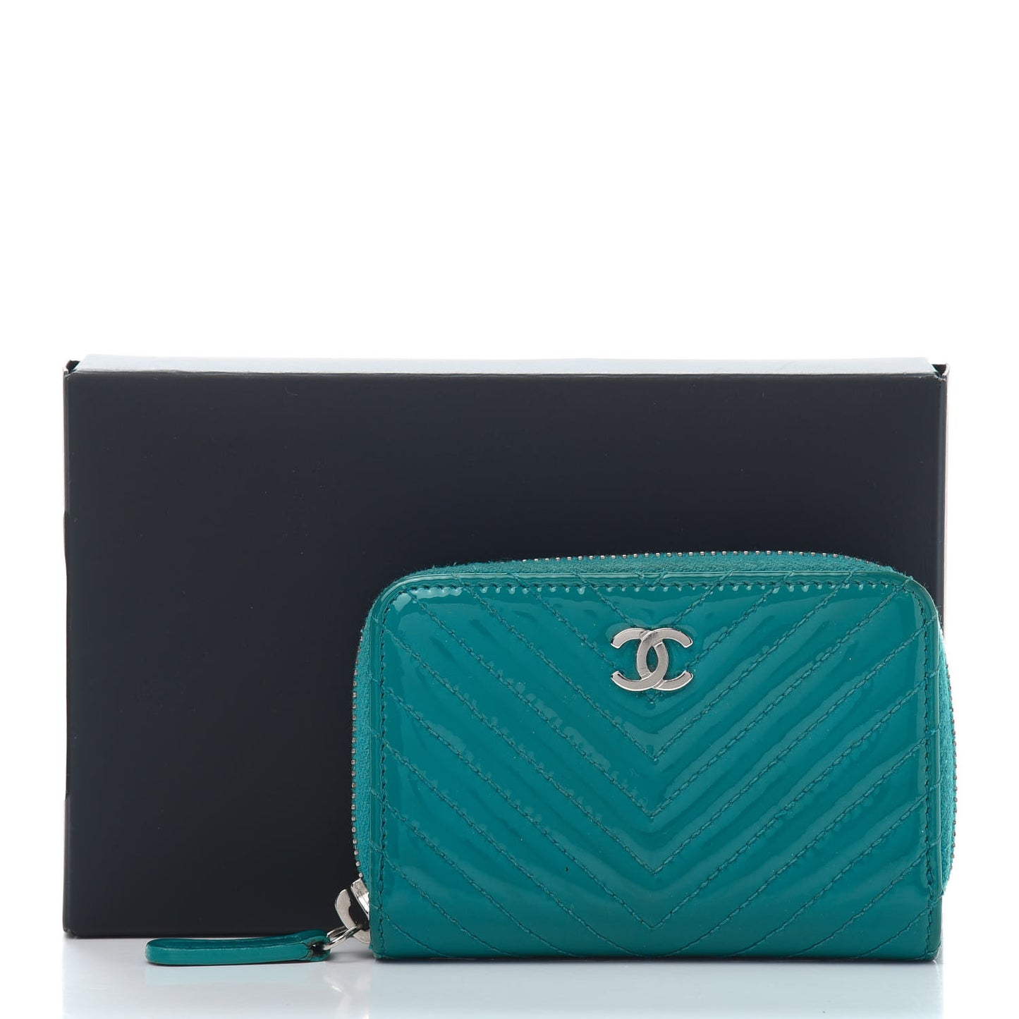 Patent Chevron Quilted Zip Around Coin Purse Turquoise