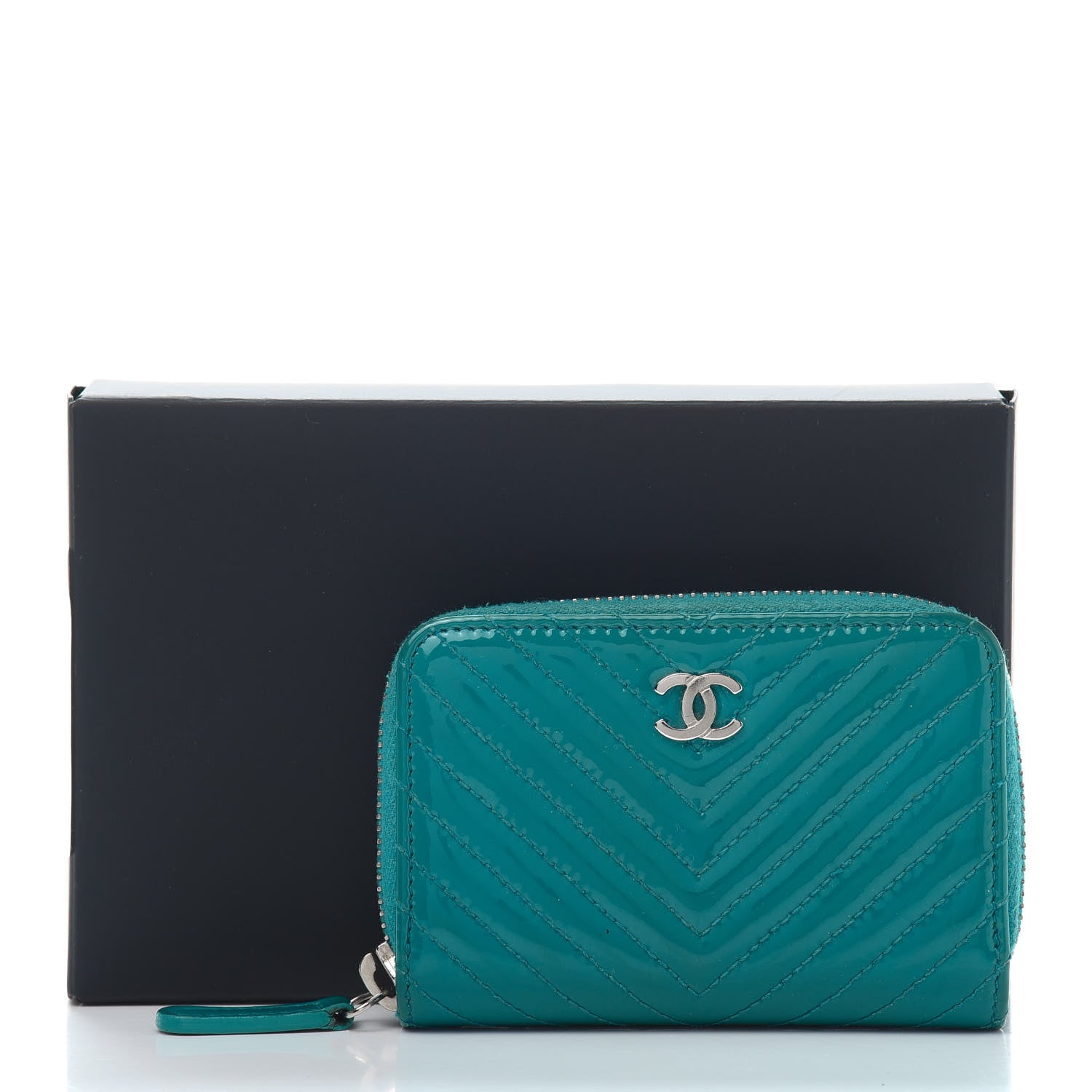 Chanel Patent Chevron Quilted Zip Around Coin Purse Turquoise 11 of 11