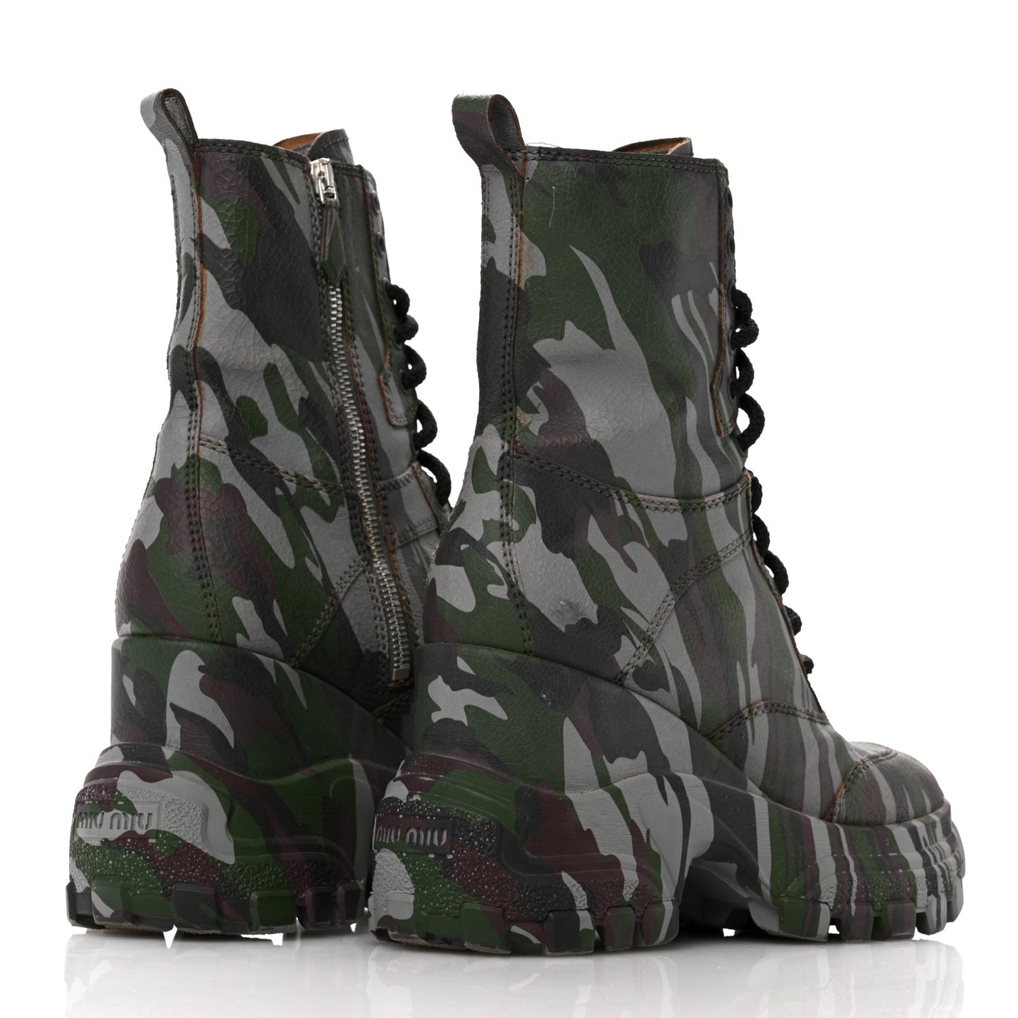 Crackled Calfskin Camo Print Womens Wedge Platform Combat Boots 37.5 Multicolor