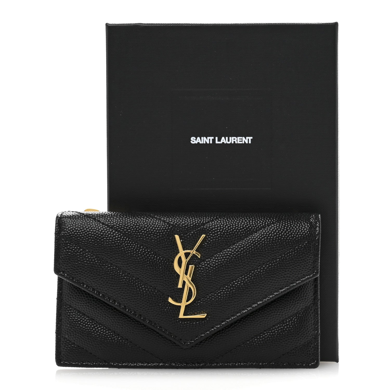Saint Laurent Grain De Poudre Matelasse Chevron Monogram Compact Wallet Black 10 of 10