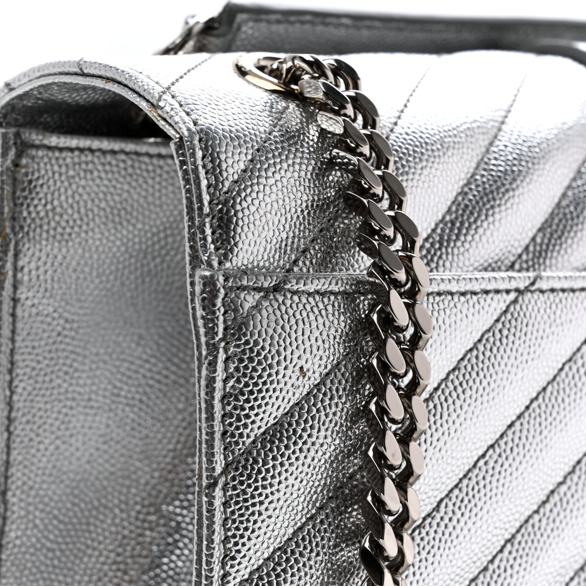 Metallic Grain De Poudre Matelasse Chevron Medium Monogram Satchel Silver