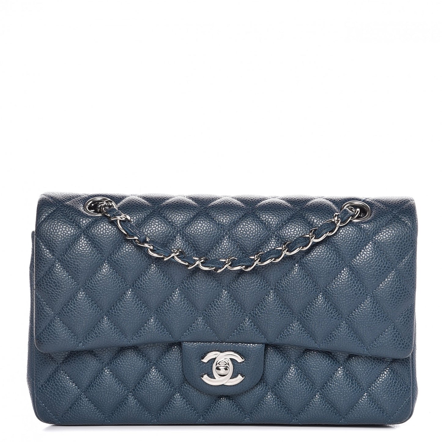 Metallic Caviar Quilted Medium Double Flap Dark Blue
