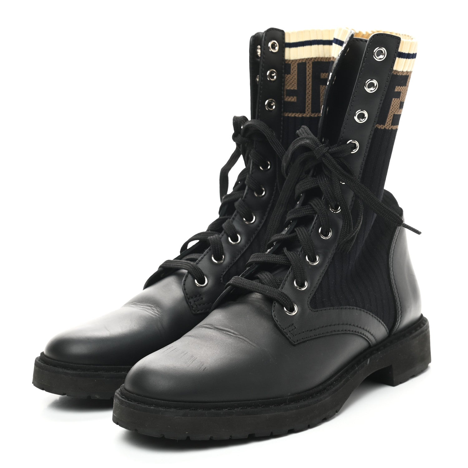 Fendi Calfskin Stretch Fabric Rockoko Biker Boots 39 Tobacco Black Marino 3 of 8