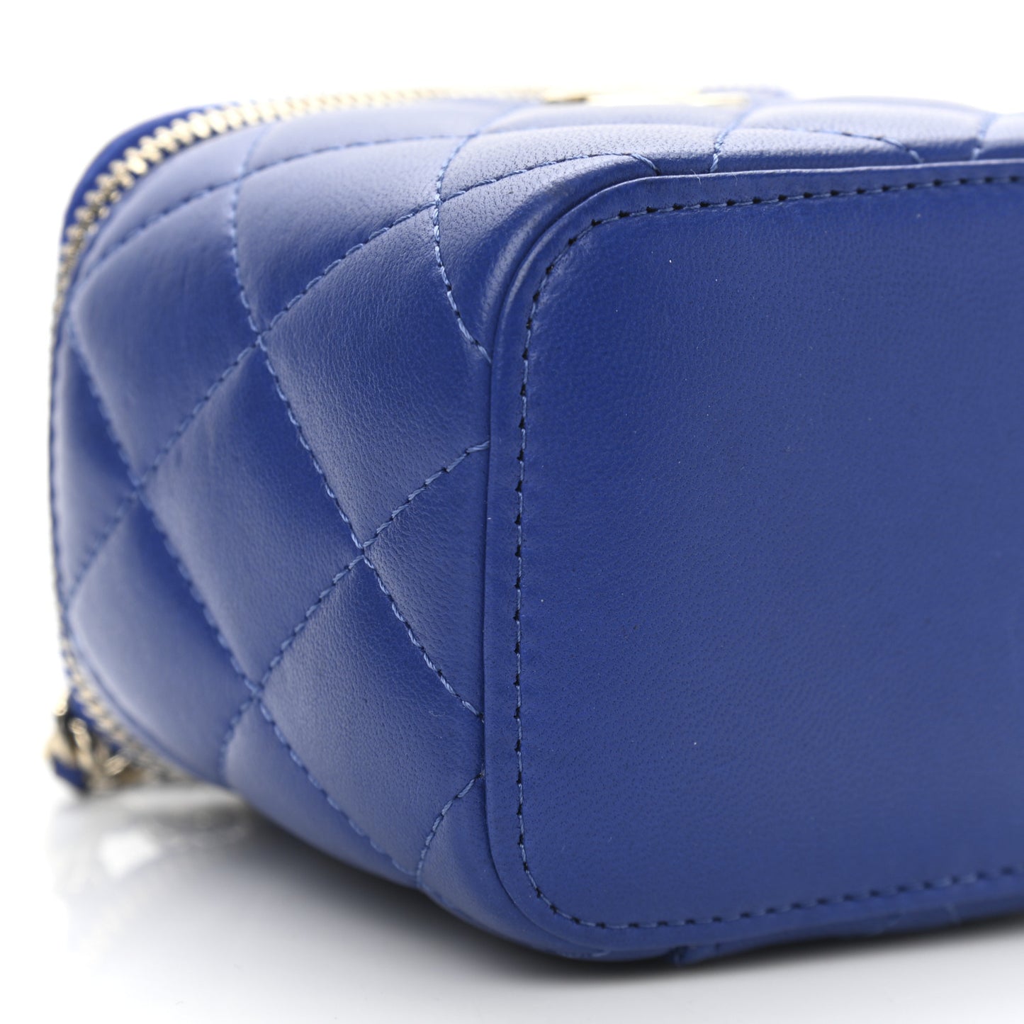 Lambskin Quilted Top Handle Mini Vanity Case With Chain Blue