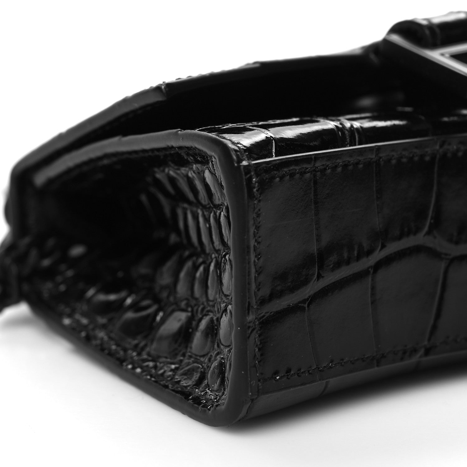 Balenciaga Shiny Calfskin Monochrome Crocodile Embossed Hourglass Top Handle Bag Mini with Chain Black 9 of 10