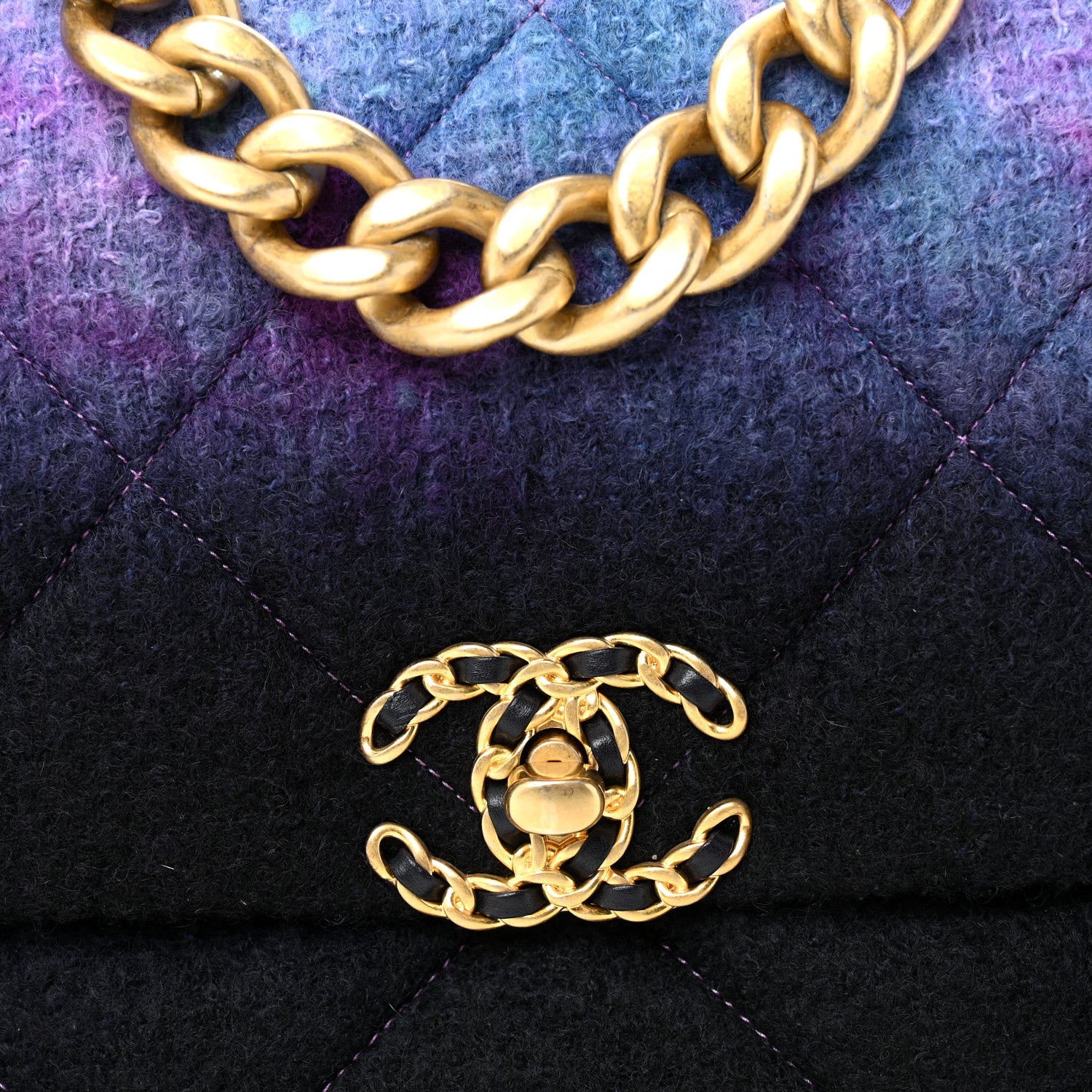 Chanel Wool Tweed Quilted Large Chanel 19 Flap Purple Black Blue 8 of 11