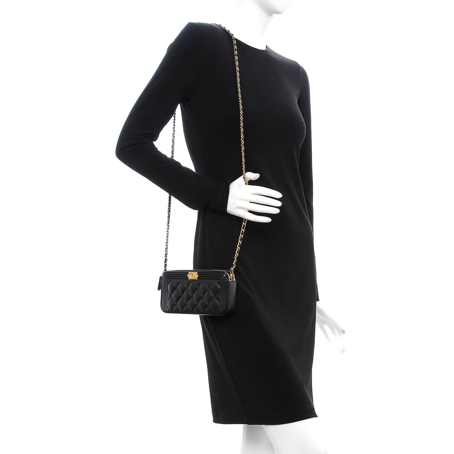 Caviar Quilted Small Boy Clutch With Chain Black
