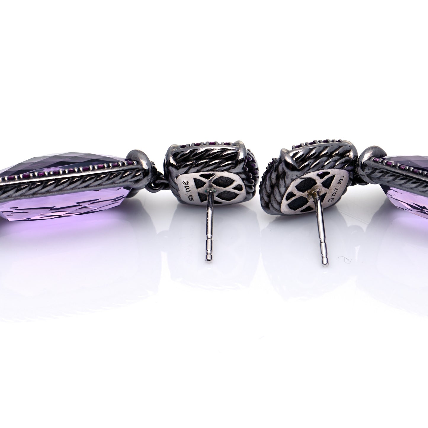 Darkened Sterling Silver Amethyst Pink Sapphire Chatelaine Drop Earrings