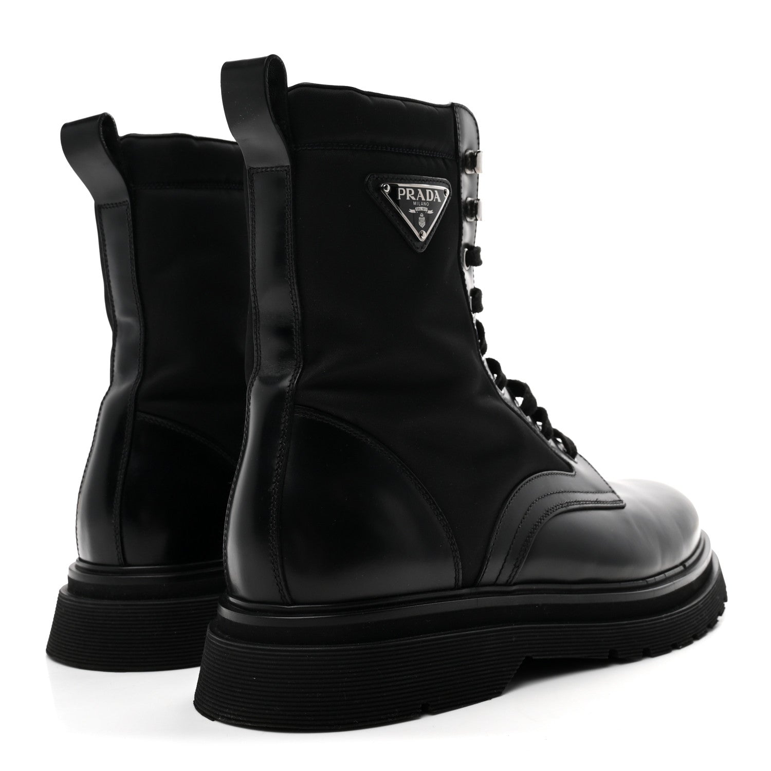 Prada Spazzolato Rois Re-Nylon Metal Triangle Logo Mens 40mm Combat Boots 10 Black 5 of 9
