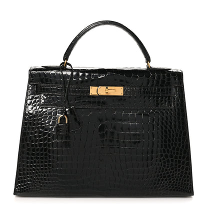 Hermes Shiny Porosus Crocodile Kelly Sellier 32 Black 1 of 10