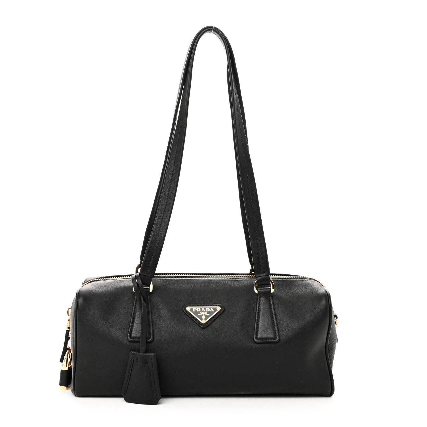 Prada Soft Grain Bauletto Medium Top Handle Bag With Padlock Black 1 of 9