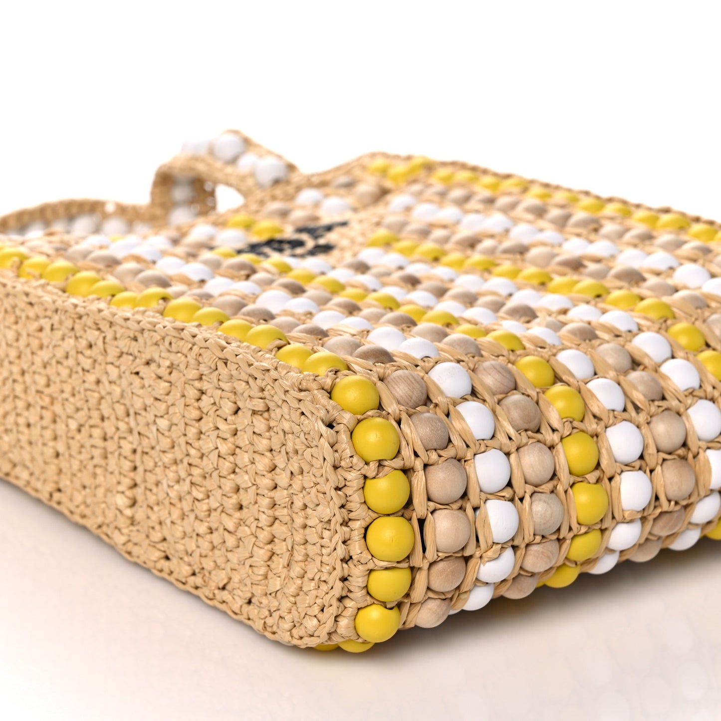Raffia Wood Bead Embroidered Logo Tote Bag Naturale