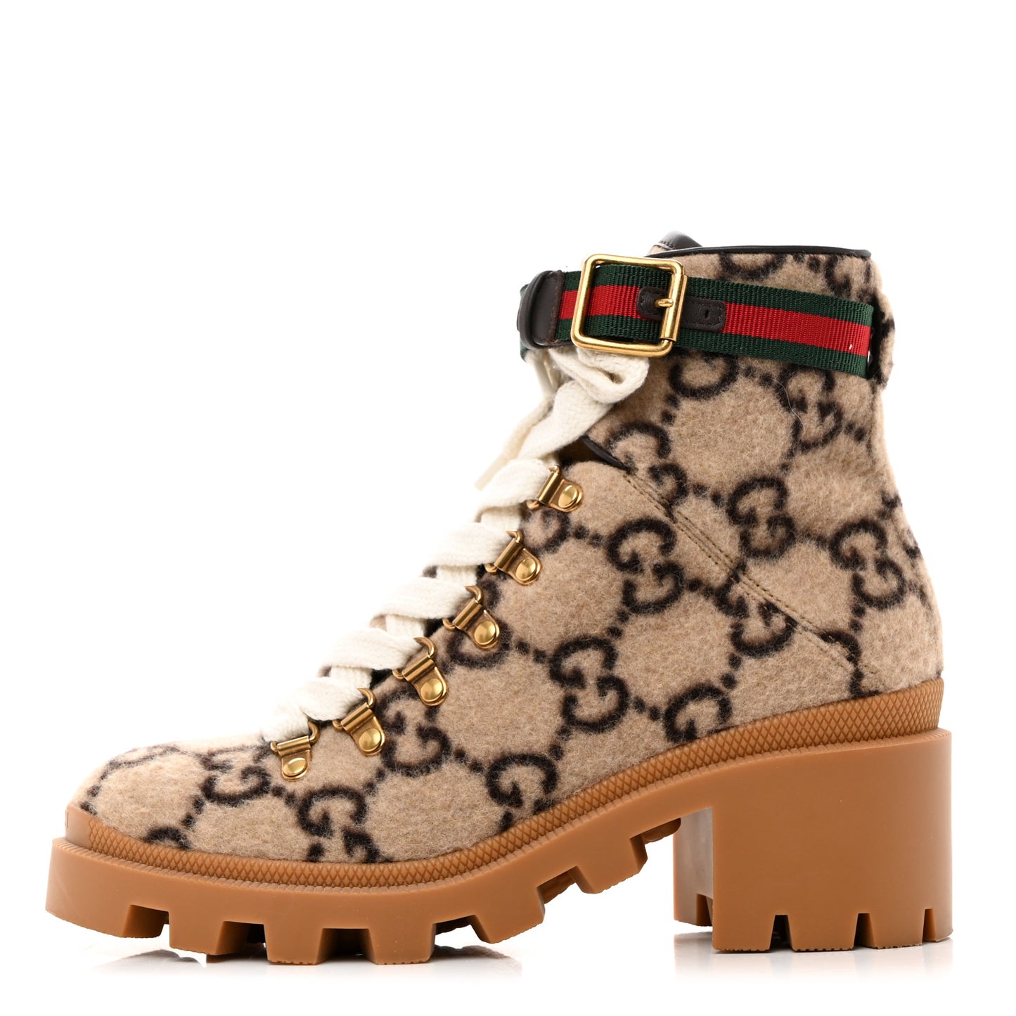Covered Wool GG Monogram Womens Lace Up Combat Ankle Boots 36 Beige Ebony Cocoa