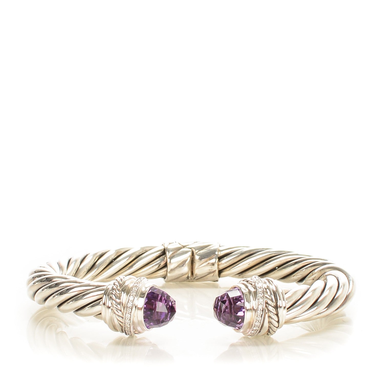 David Yurman Sterling Silver Pave Diamond Amethyst 8.5mm Cable Classics Bracelet 1 of 5