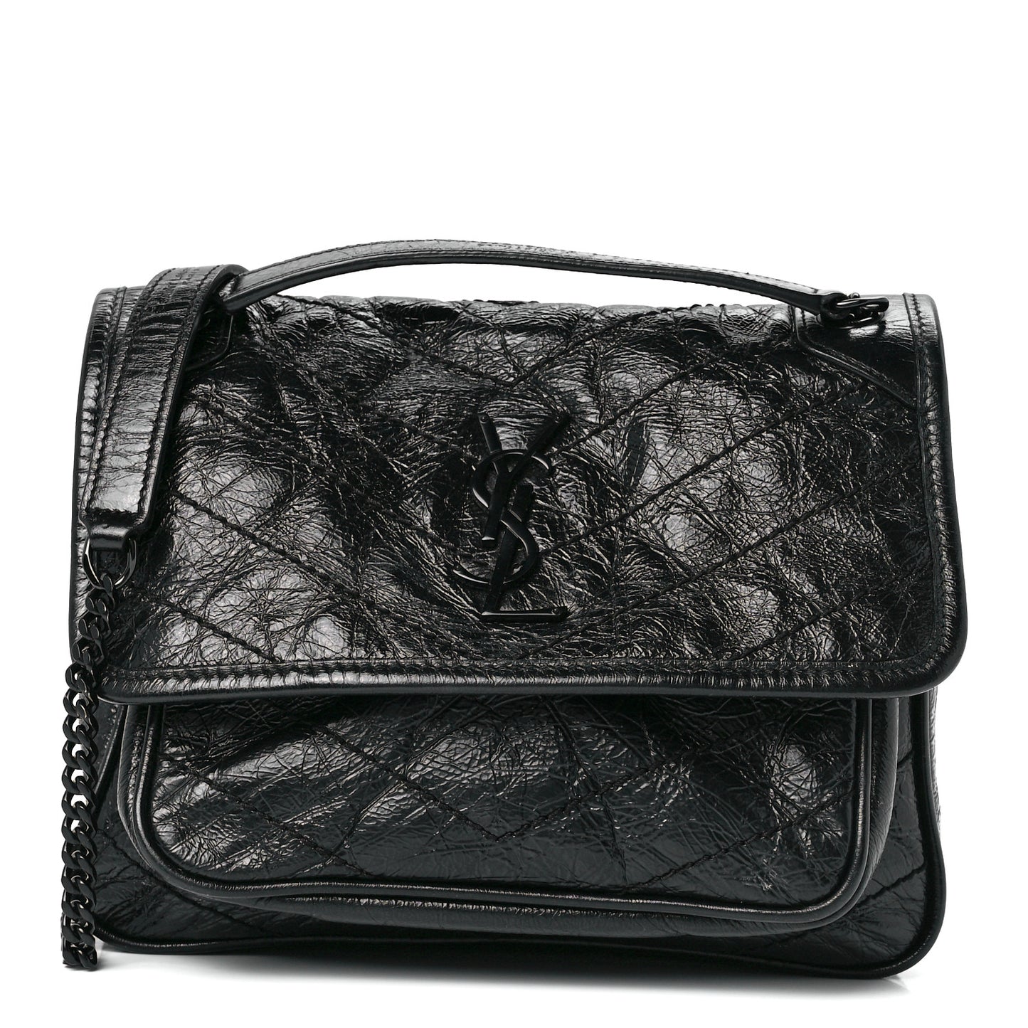 Crinkled Calfskin Matelasse Monogram Baby Niki Chain Satchel Black