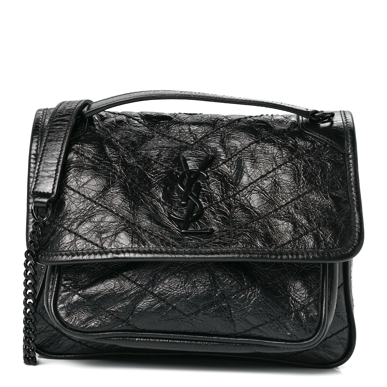 Saint Laurent Crinkled Calfskin Matelasse Monogram Baby Niki Chain Satchel Black 1 of 10