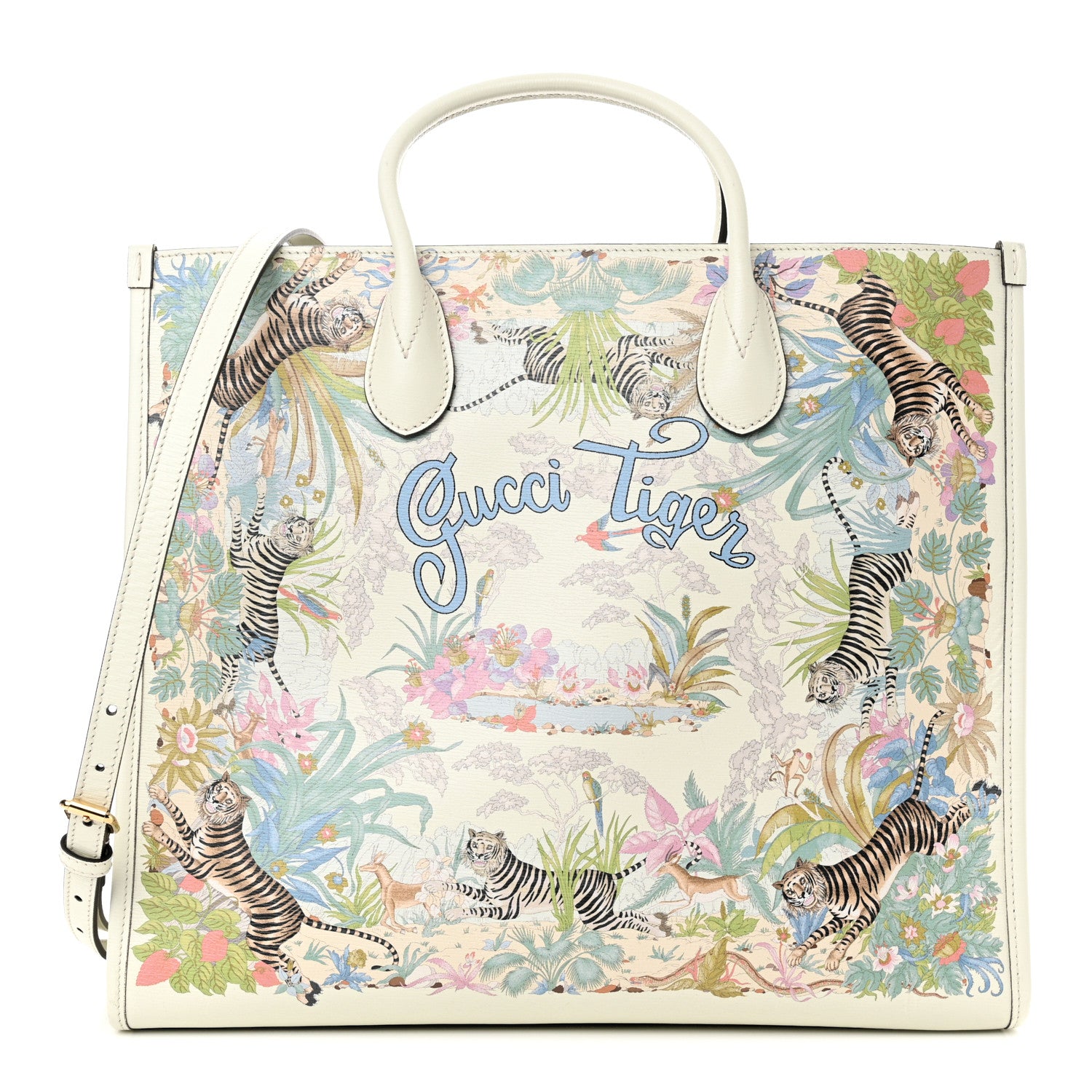 Gucci New Shangai Calfskin Tiger Savanah Textured Calfskin Medium Tote Chalky White Multicolor 1 of 15