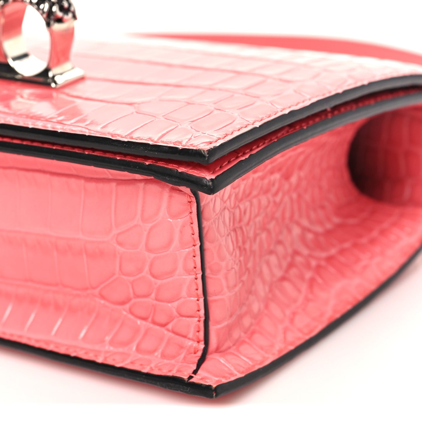 Shiny Crocodile Embossed Jeweled Satchel Pink