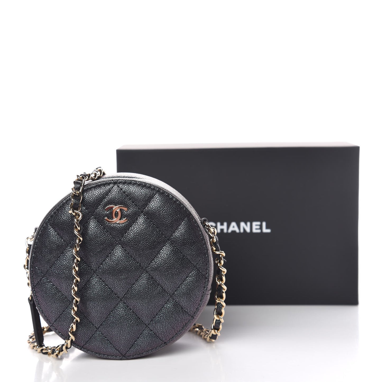 Iridescent Caviar Quilted Round Clutch With Chain Black