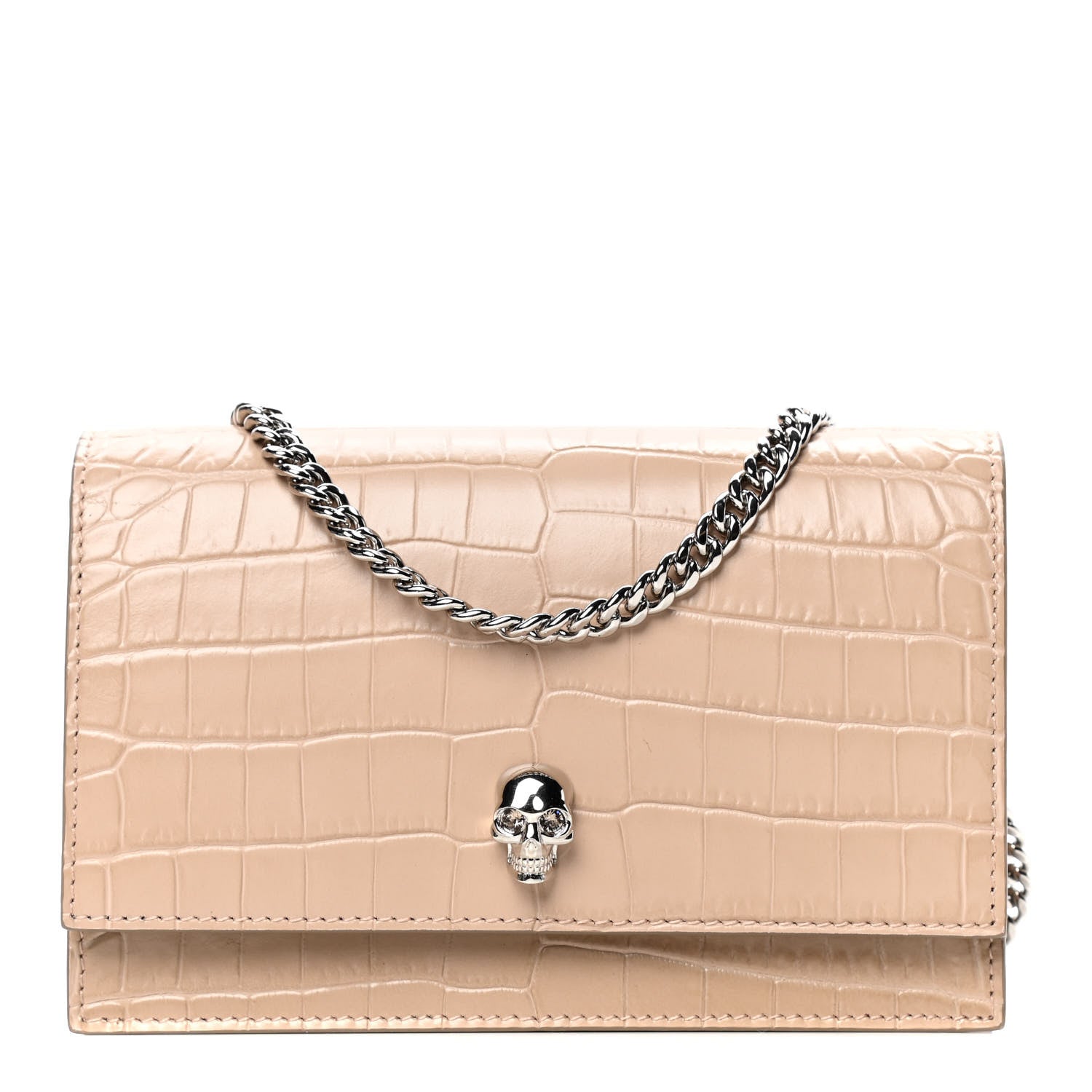 Alexander McQueen Calfskin Crocodile Embossed Skull Mini Crossbody Bag Beige 1 of 4