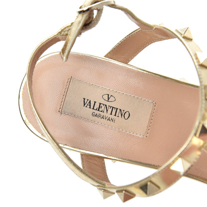 Valentino Garavani Metallic Calfskin Raffia Rockstud T-Strap Slingback Espadrille Wedge Sandals 39 Gold 6 of 21