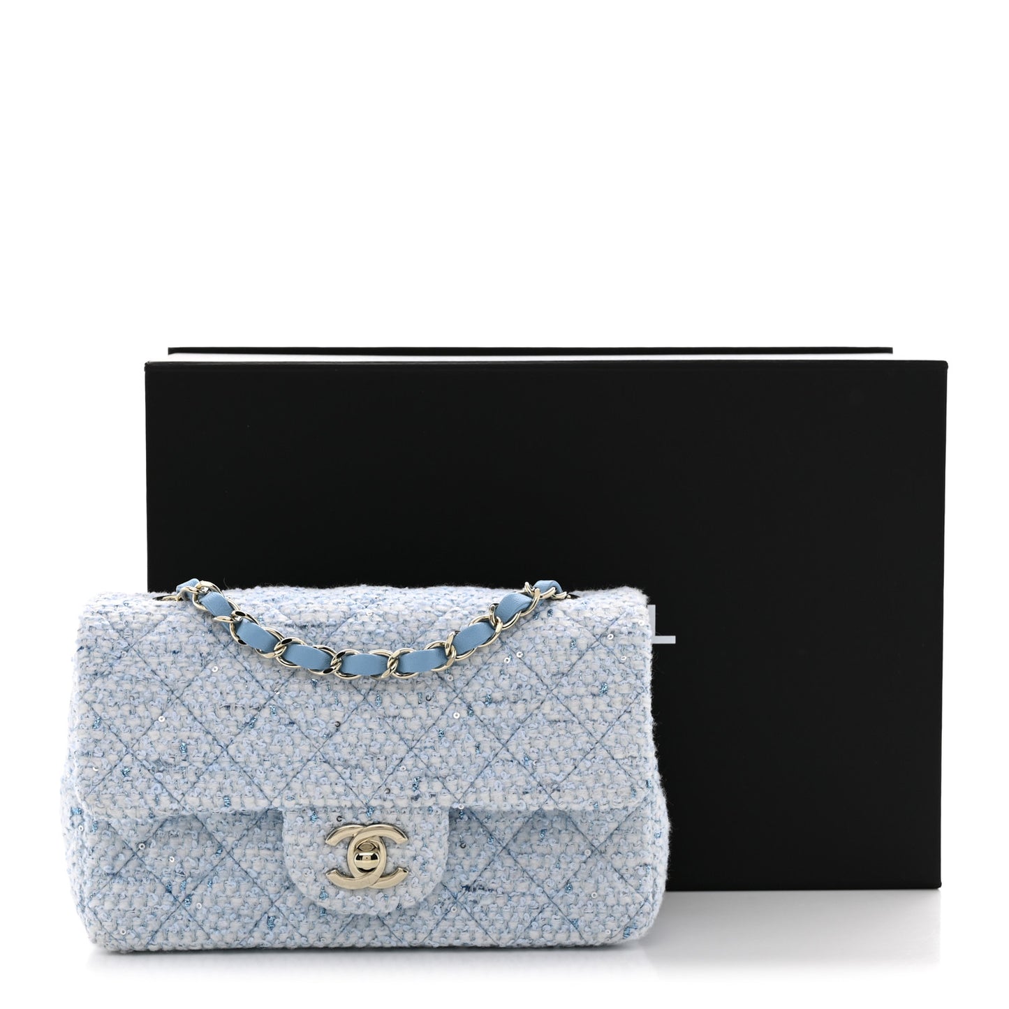 Tweed Quilted Mini Rectangular Flap Blue White Silver