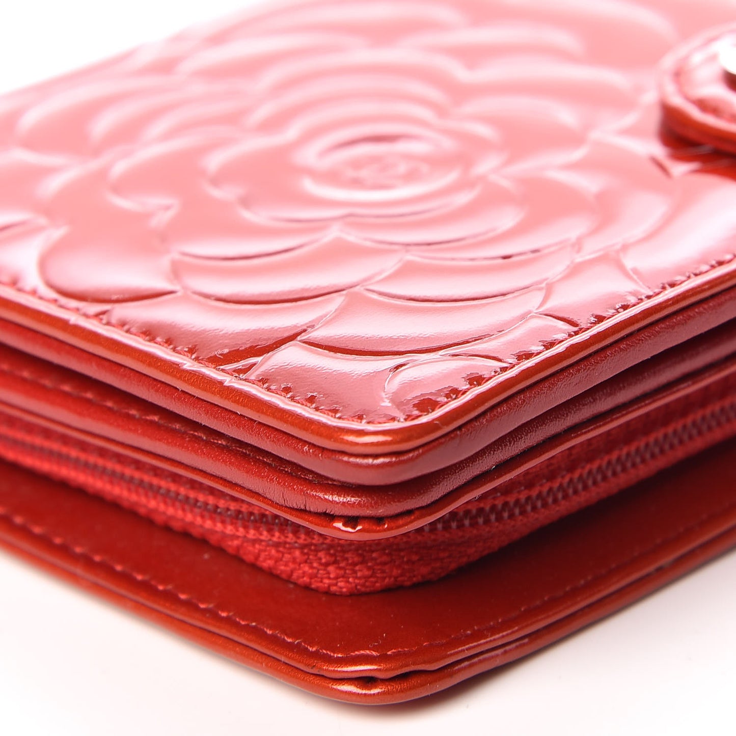 Patent Camellia Embossed Zipped Pocket Wallet Dark Red