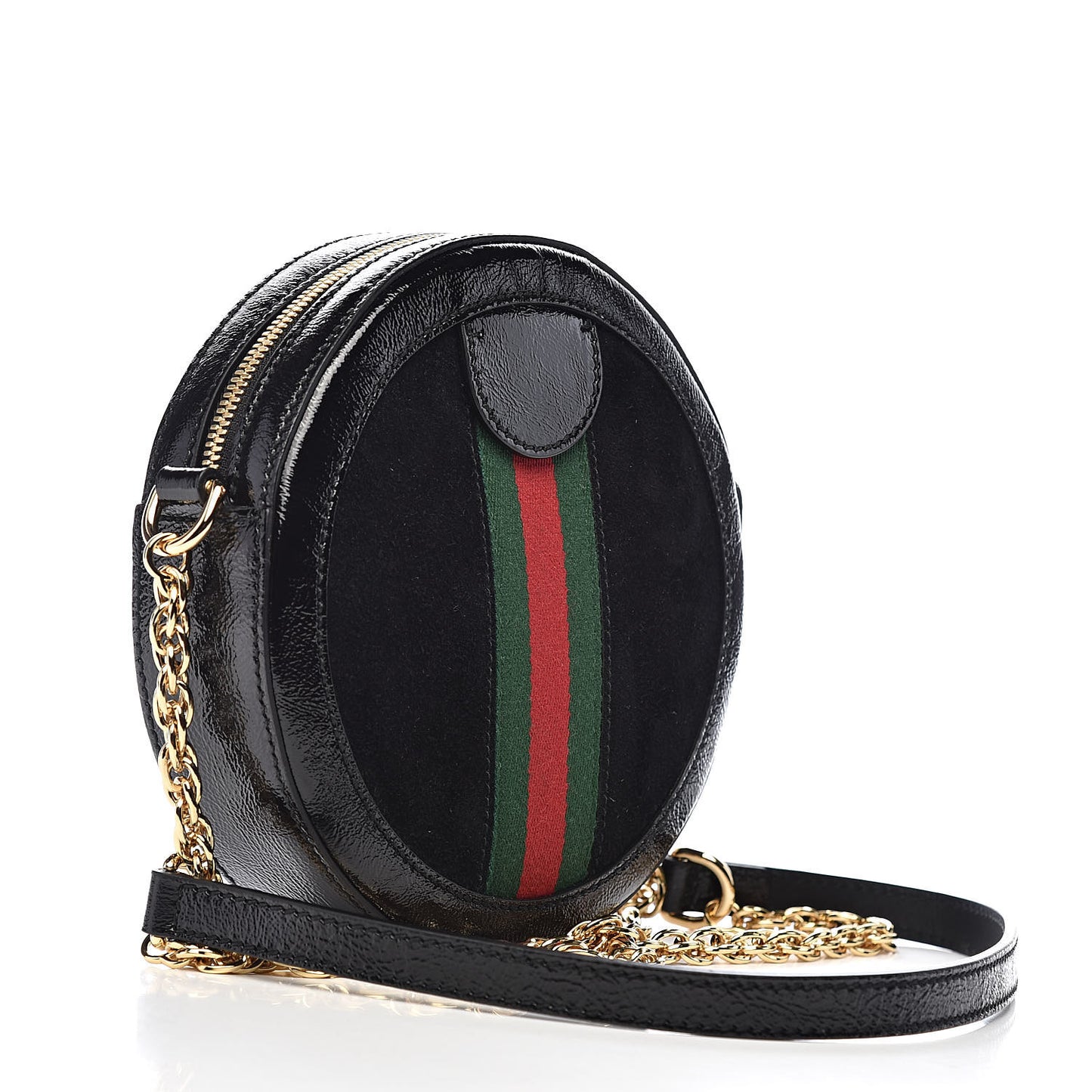 Suede Patent Web Mini Ophidia Round Shoulder Bag Black