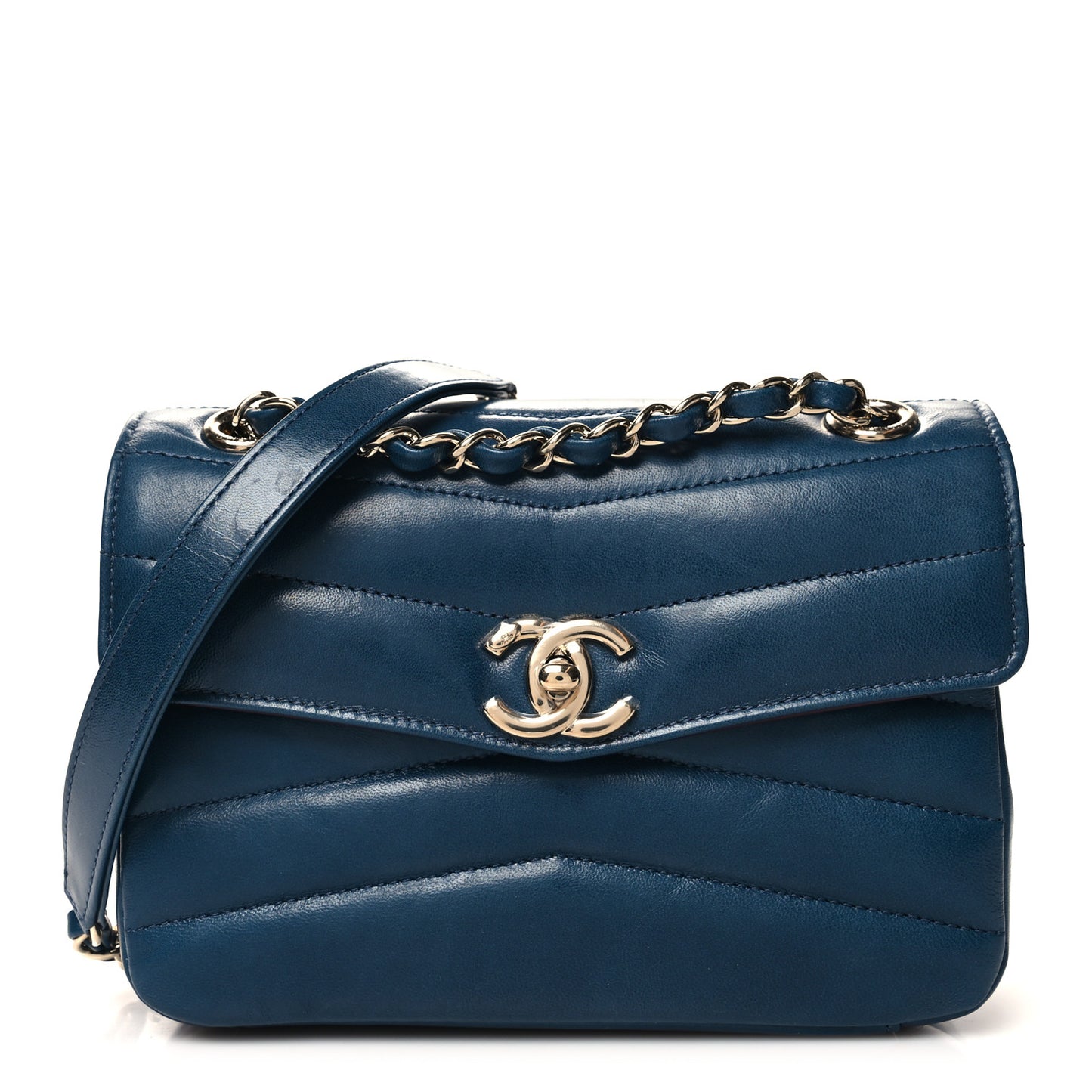 Shiny Lambskin Quilted Small Chevron Miroir Dark Blue