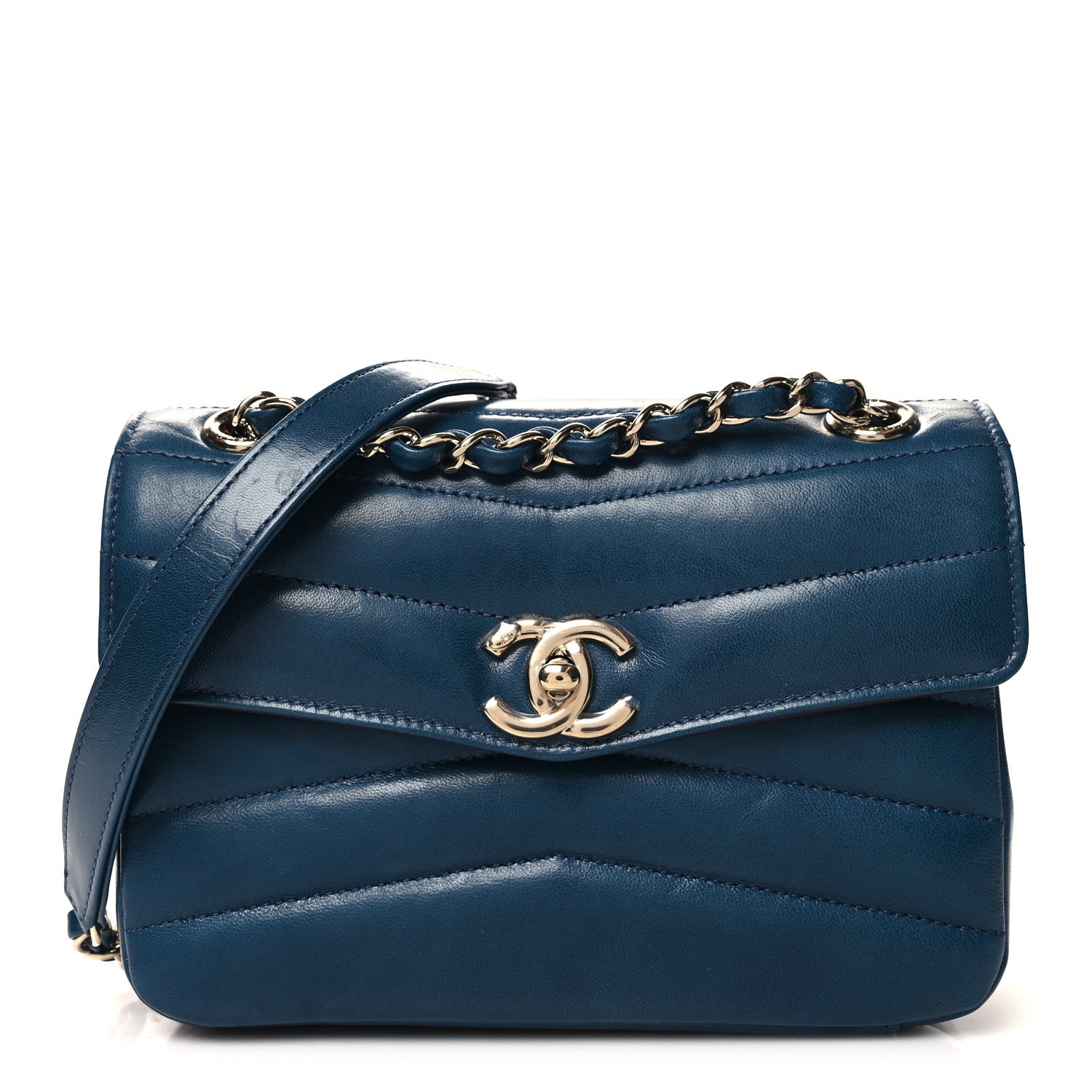 Chanel Shiny Lambskin Quilted Small Chevron Miroir Dark Blue 1 of 12
