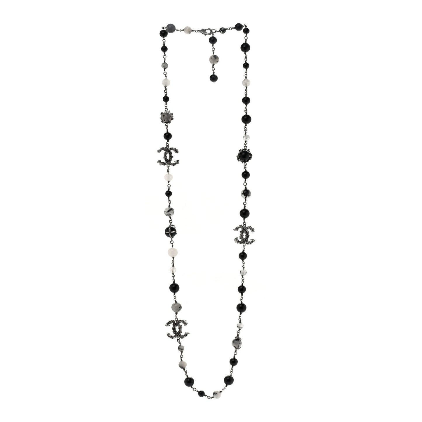 Crystal Bead CC Long Necklace Silver Black