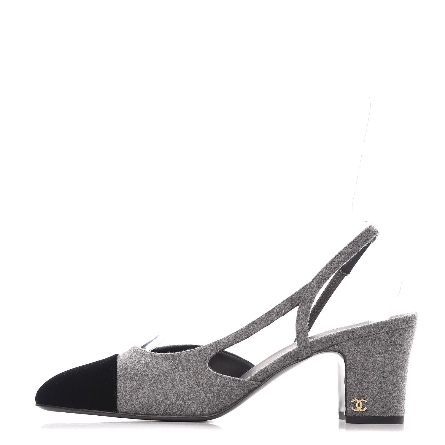 Chanel Wool Velvet Cap Toe CC Slingback Pumps 40 Black Grey 1 of 9