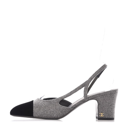 Chanel Wool Velvet Cap Toe CC Slingback Pumps 40 Black Grey 1 of 9