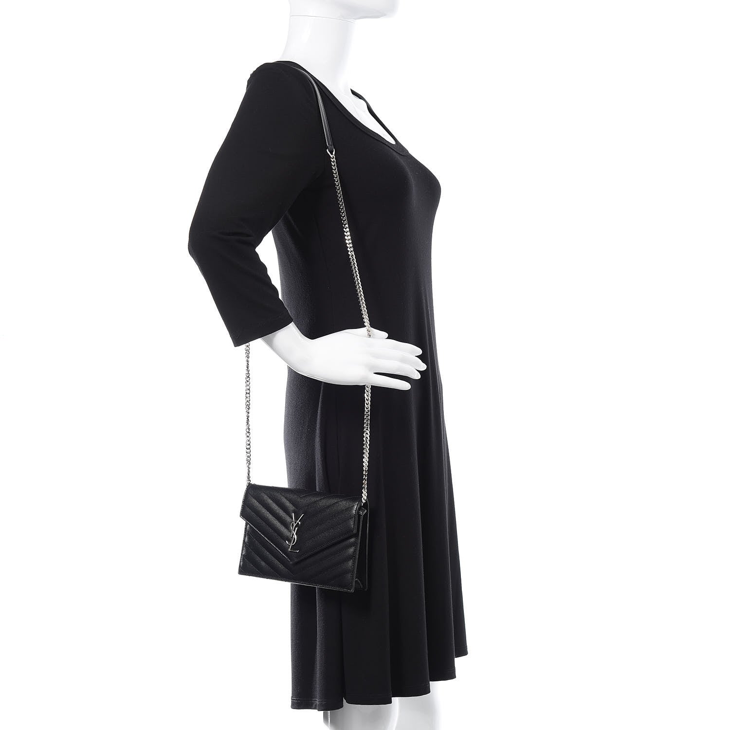 Saint Laurent Grain De Poudre Matelasse Chevron Monogram Envelope Chain Wallet Black 2 of 9
