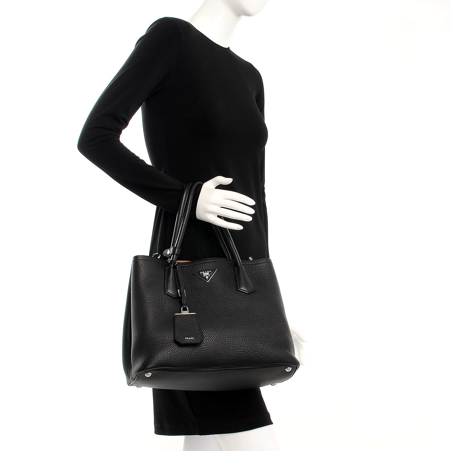 Prada Vitello Daino Small Double Tote Black Cuoio 3 of 9