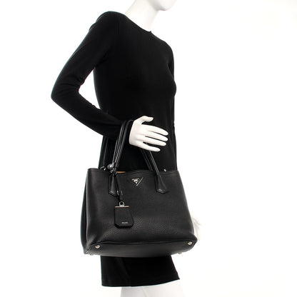 Prada Vitello Daino Small Double Tote Black Cuoio 3 of 9