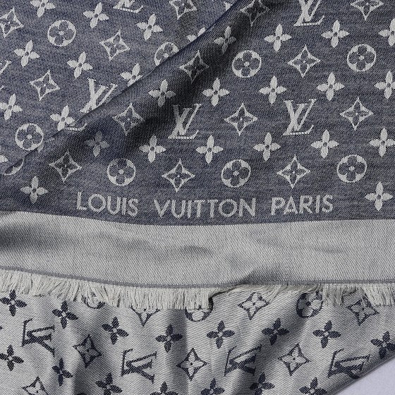 Silk Wool Monogram Denim Shawl Blue