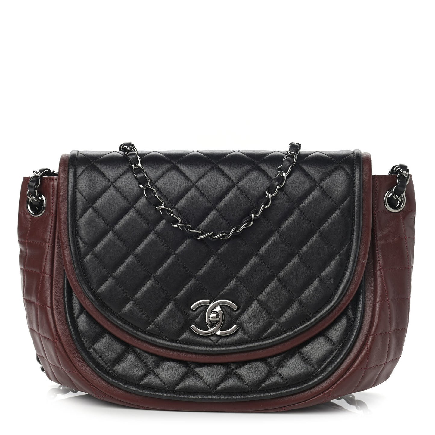 Lambskin Quilted Large Classic Twist Crescent Flap Black Burgundy
