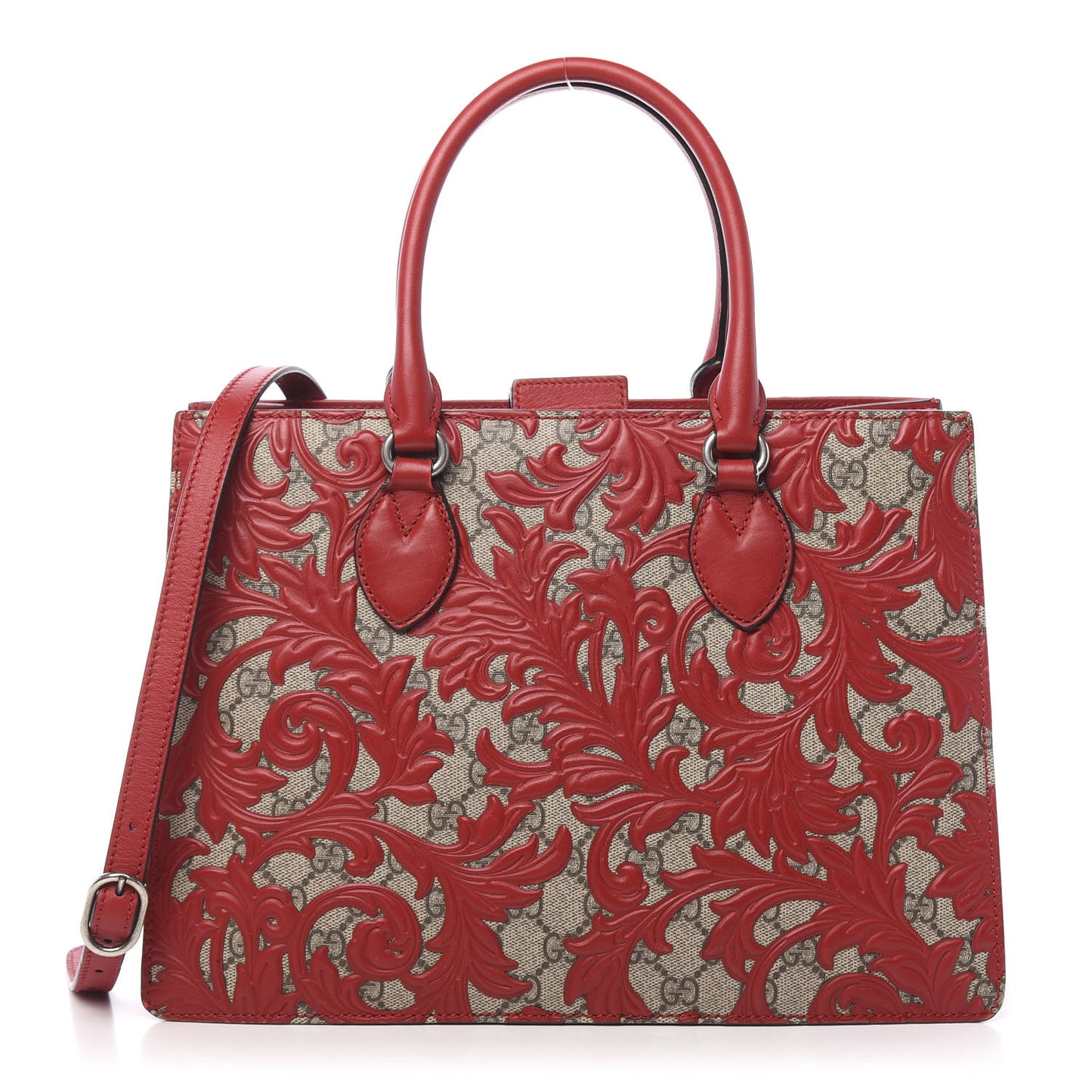 GG Supreme Monogram Arabesque Small Top Handle Bag Beige Hibiscus Red