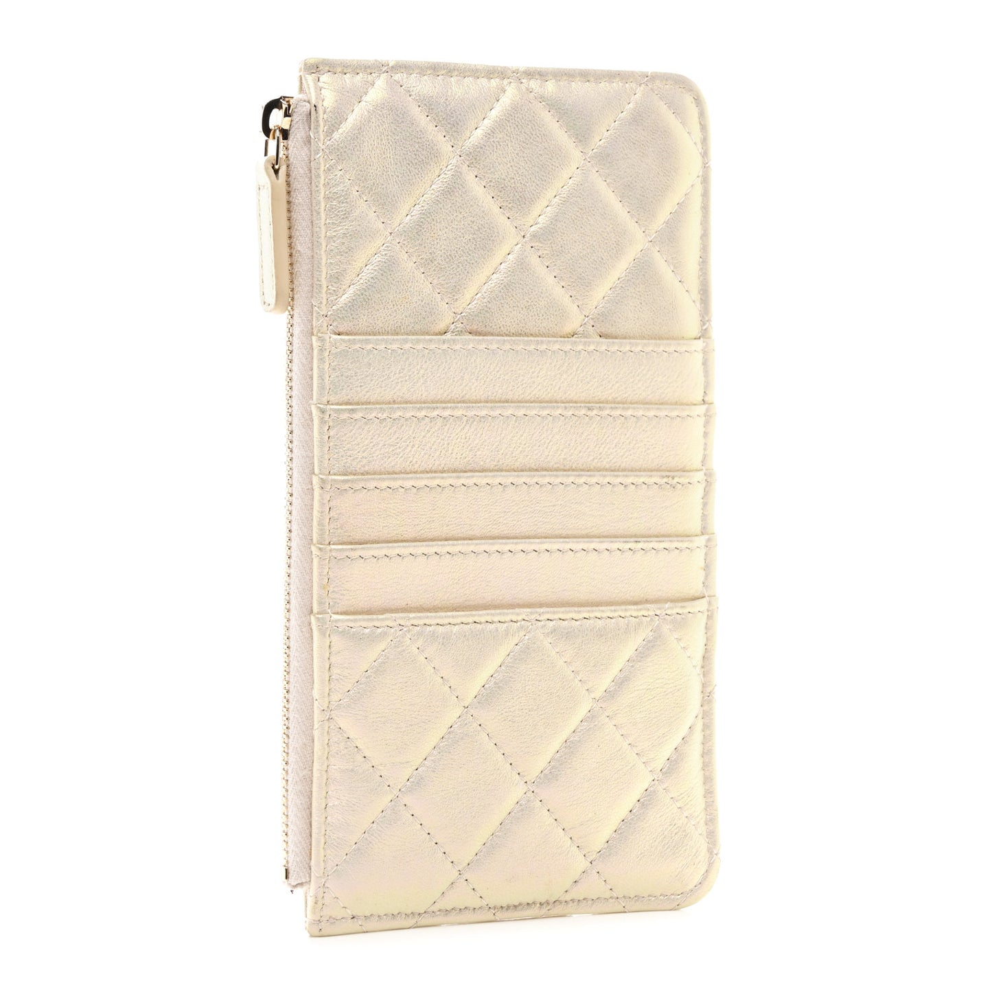 Iridescent Lambskin Quilted Classic Flat Wallet Pouch Ivory