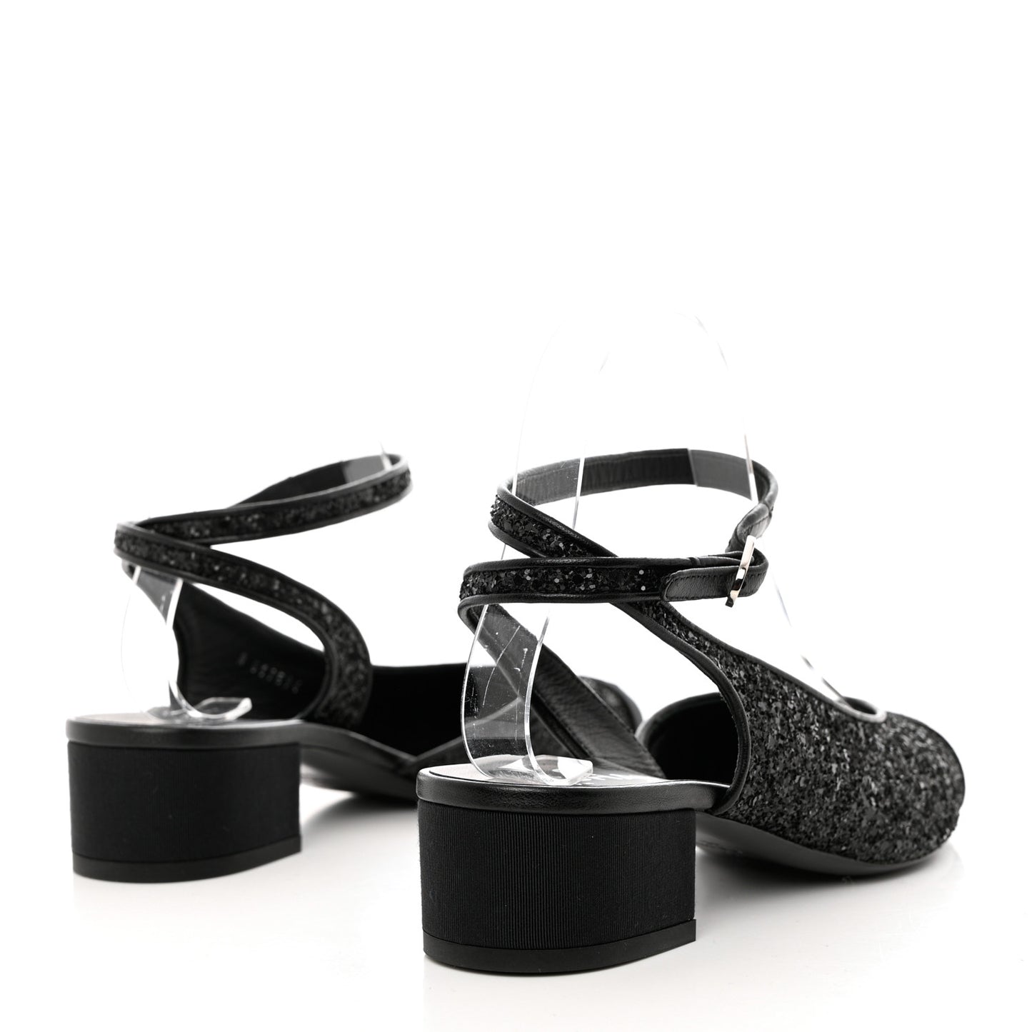 Glitter Grosgrain Cap Toe CC Ankle Wrap Pumps 38 Black