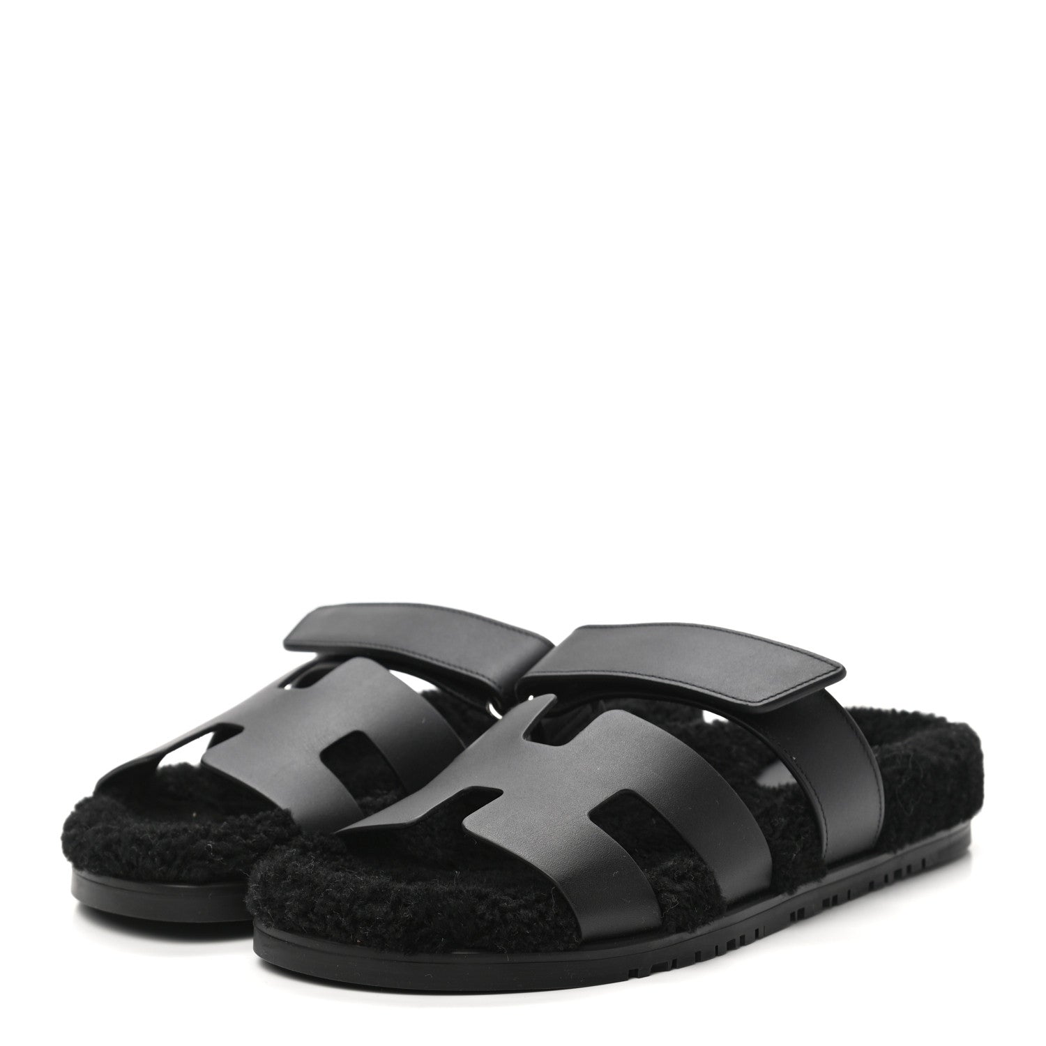 Hermes Calfskin Woolskin Womens Chypre Sandals 39 Black 3 of 8