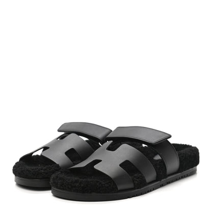 Hermes Calfskin Woolskin Womens Chypre Sandals 39 Black 3 of 8