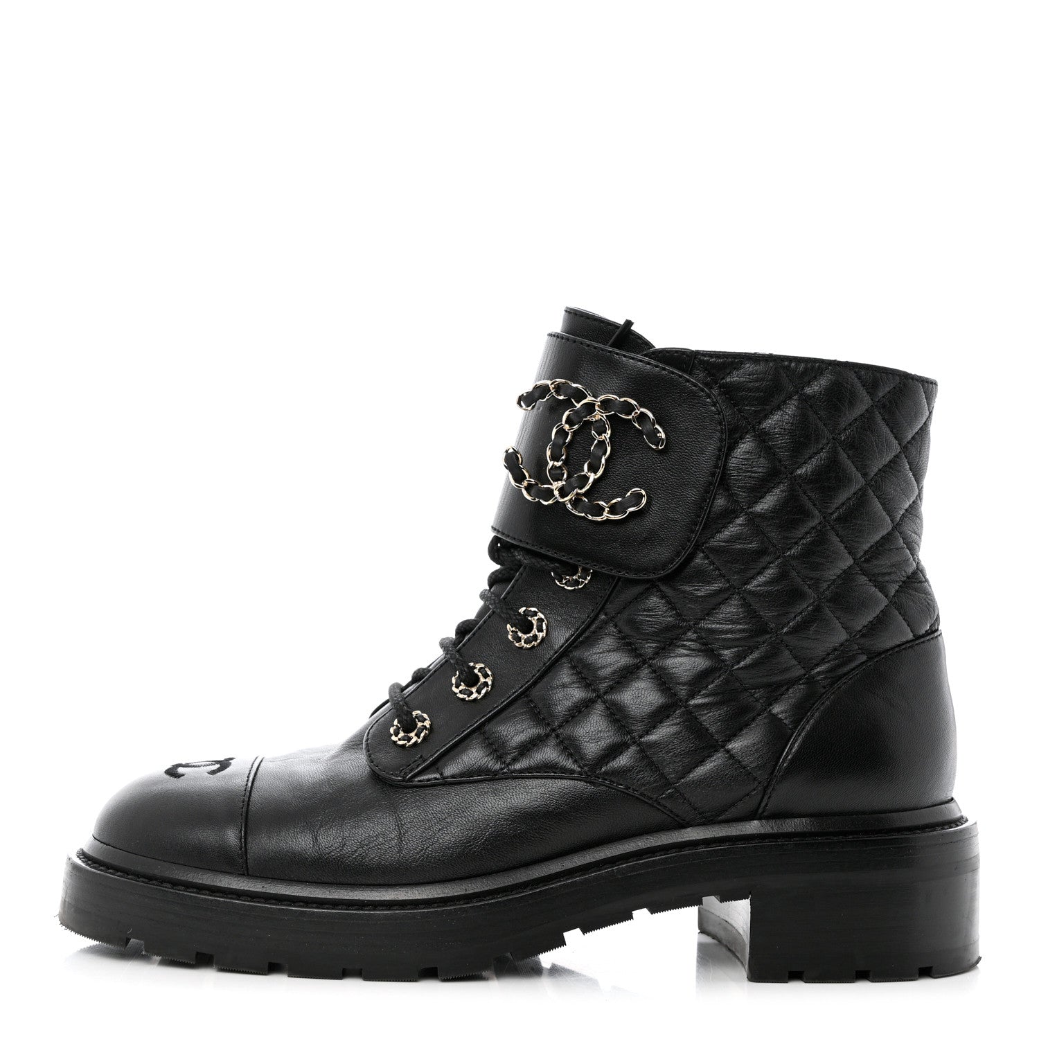 Chanel Shiny Calfskin Quilted Lace Up Combat Boots 40.5 Black 1 of 12