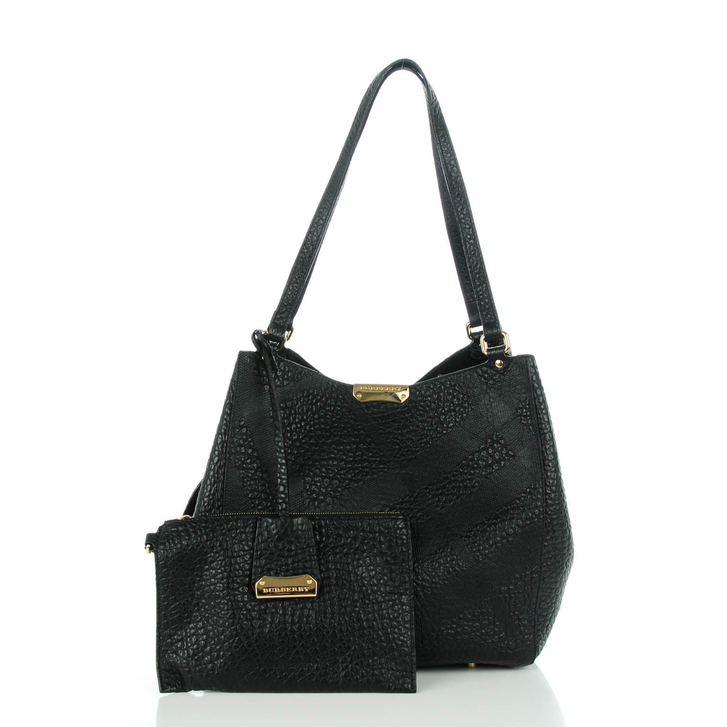 Burberry Signature Grain Calfskin Check Embossed Small Canter Tote Black 3 of 9