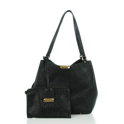 Burberry Signature Grain Calfskin Check Embossed Small Canter Tote Black 3 of 9